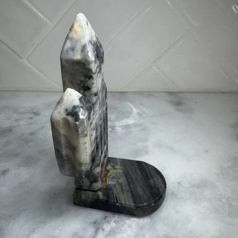 Vintage Marble Stone Obelisk Bookend Gray White Natural Stone Decor 7.5